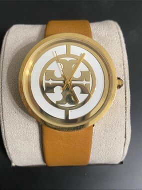 Tory Burch Gold-Tone Logo Watch with Tan Strap